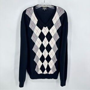 Neiman Marcus V-neck Argyle Wool Blend Sweater Black Gray Size XXL